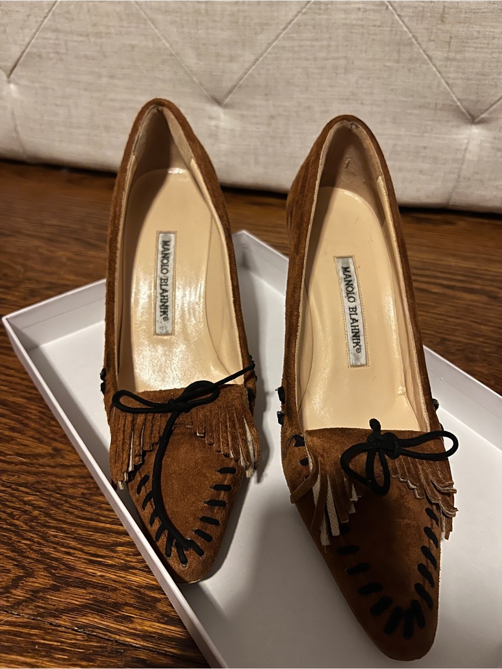 Manolo Blahnik Tan Suede Pointed Fringe Pumps with Black Stitching